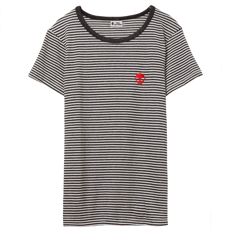 Embroidered Eco-Jersey <br>Black-Striped Women's T-Shirt