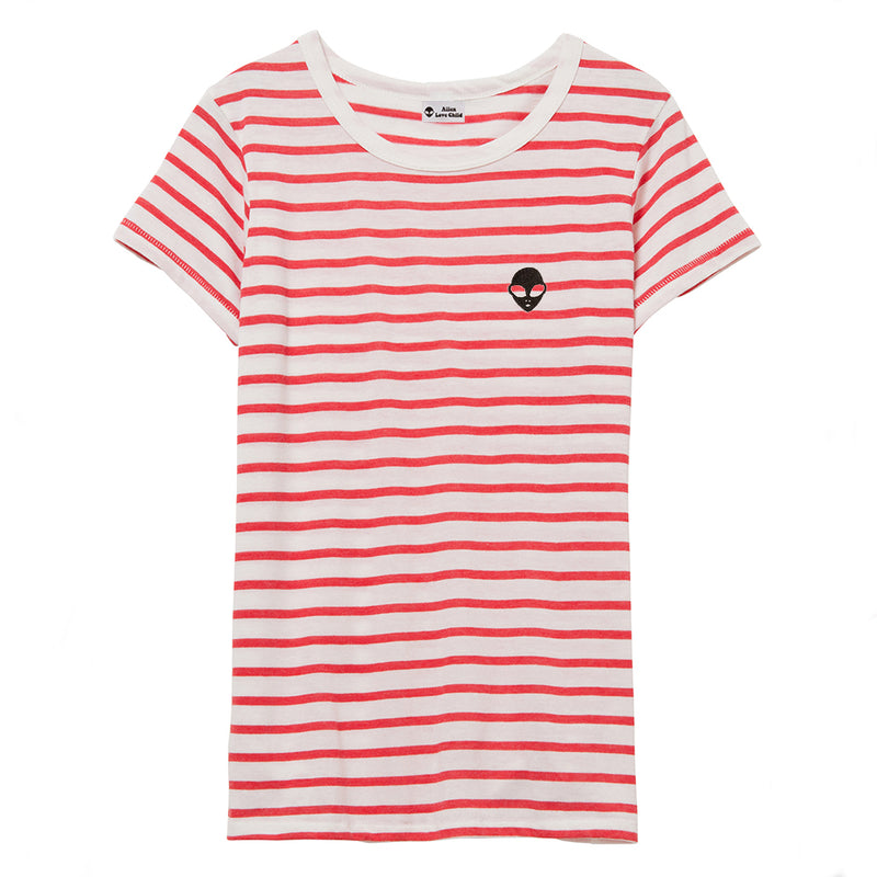 Embroidered Eco-Jersey <br>Red-Striped Women's T-Shirt