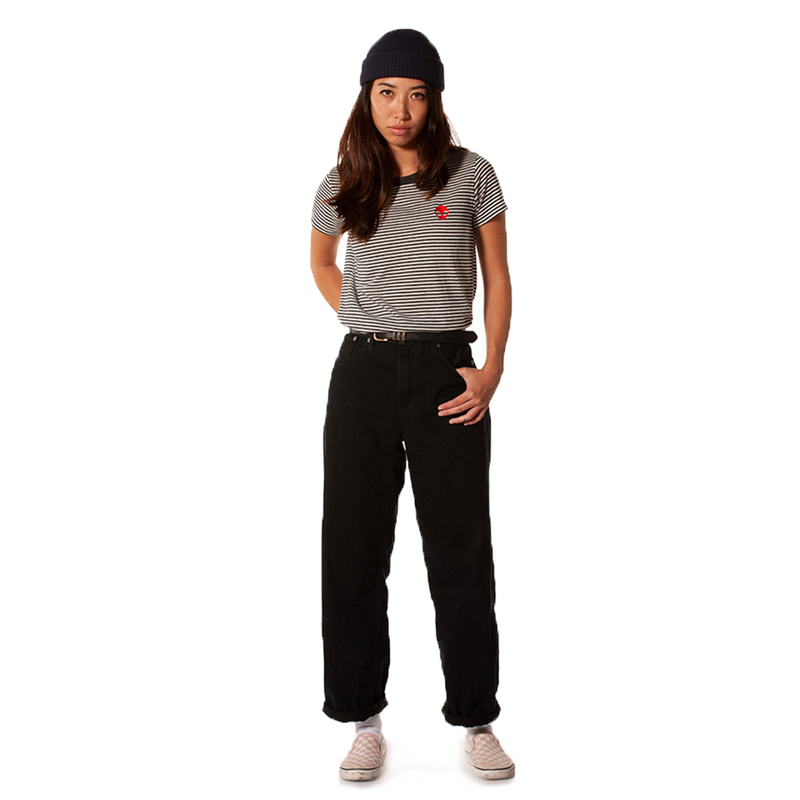 Embroidered Eco-Jersey <br>Black-Striped Women's T-Shirt