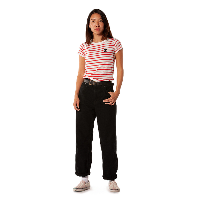 Embroidered Eco-Jersey <br>Red-Striped Women's T-Shirt